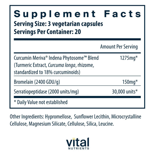 Vital Nutrients Phyto-Curcumin Plus Enzymes label closeup highlighting the phytosome blend for absorption.