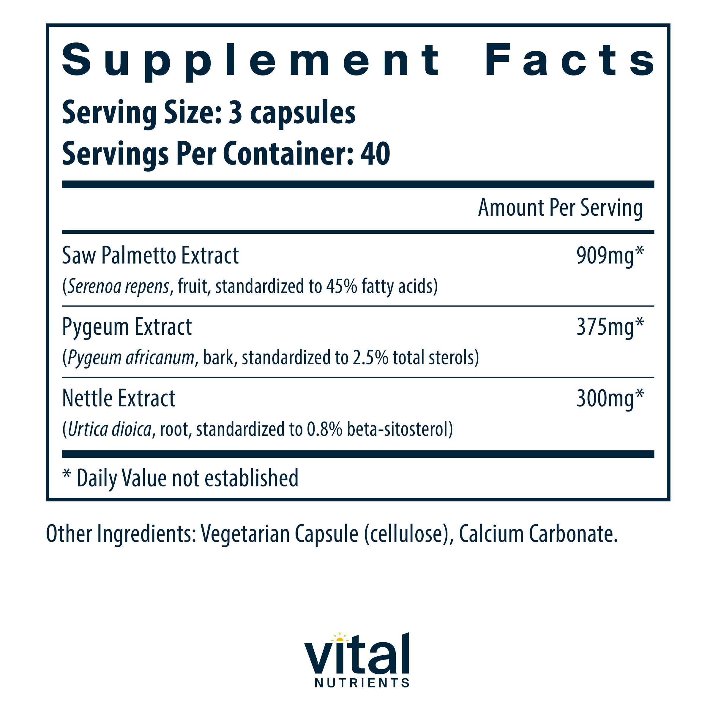 Vital Nutrients prostate-support bottle highlighting vegan, gluten-free formula.