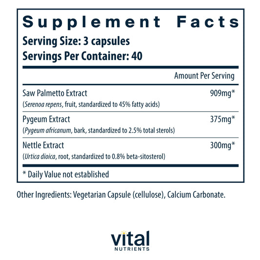 Vital Nutrients prostate-support bottle highlighting vegan, gluten-free formula.