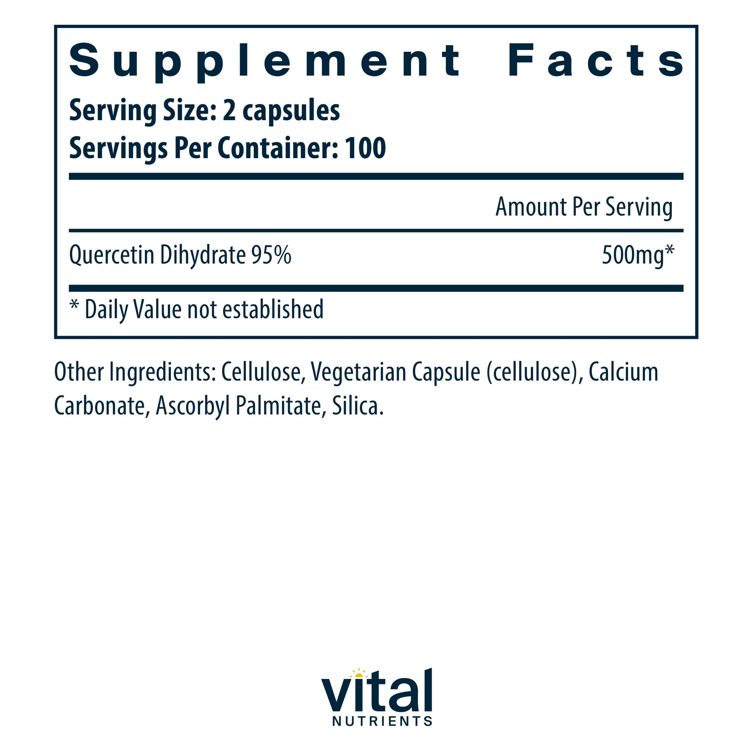 Vital Nutrients Quercetin bottle front label highlighting vegan, gluten-free and dairy-free formulation