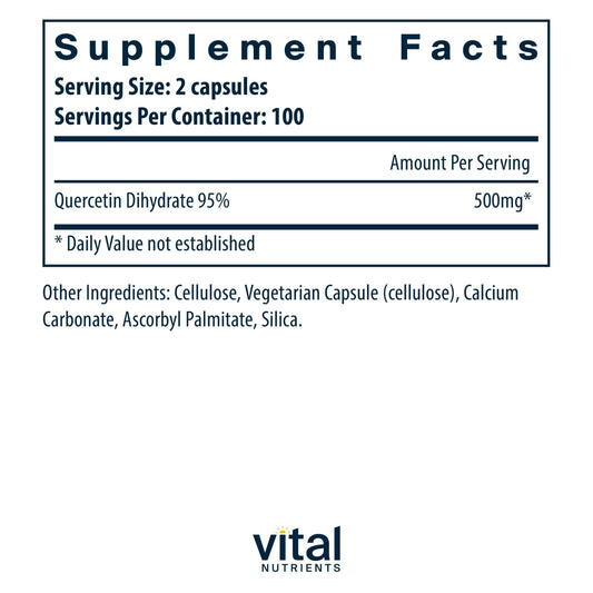 Vital Nutrients Quercetin bottle front label highlighting vegan, gluten-free and dairy-free formulation