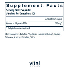 Vital Nutrients Quercetin bottle front label highlighting vegan, gluten-free and dairy-free formulation