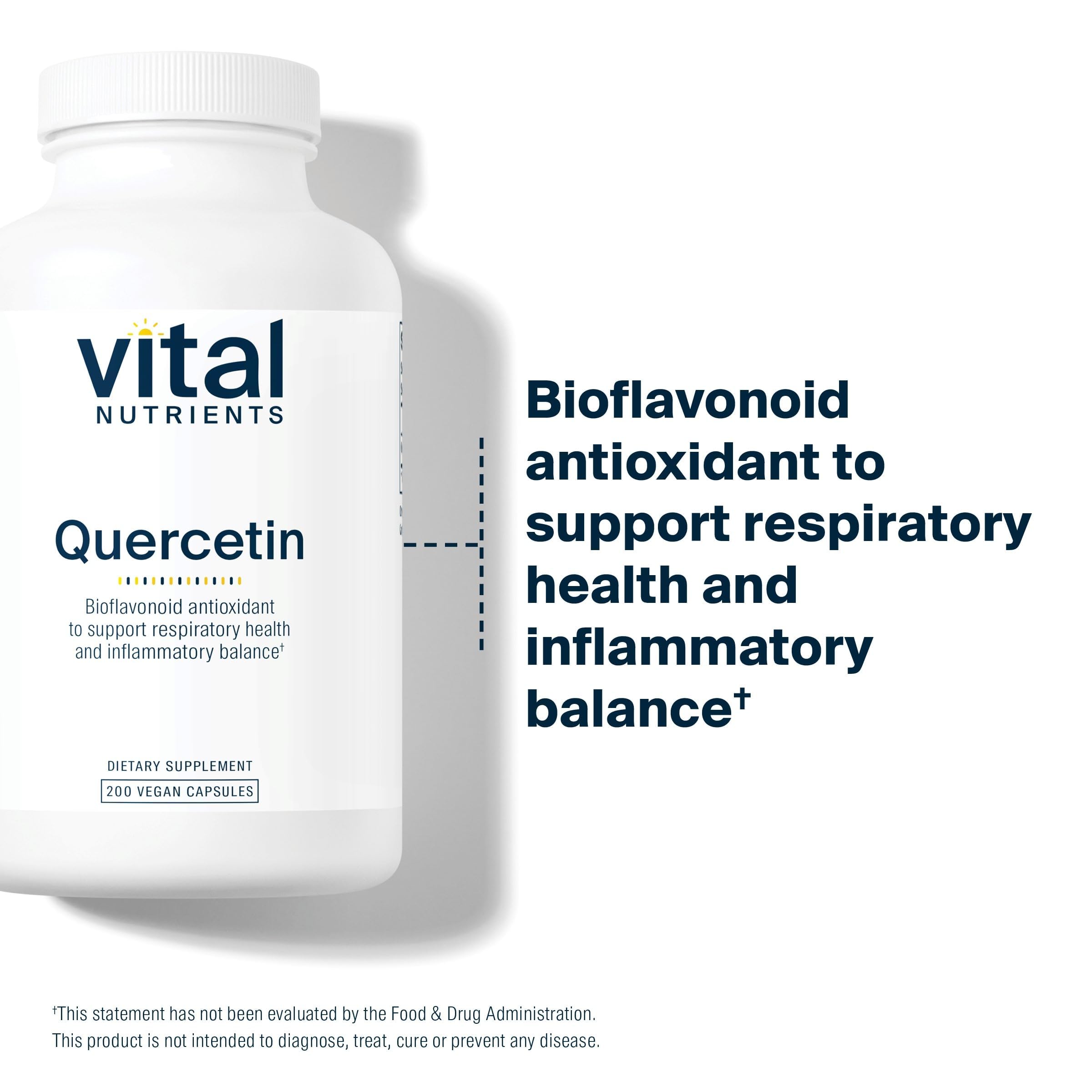 Vital Nutrients Quercetin capsules closeup emphasizing 500mg with bioflavonoids for immune support