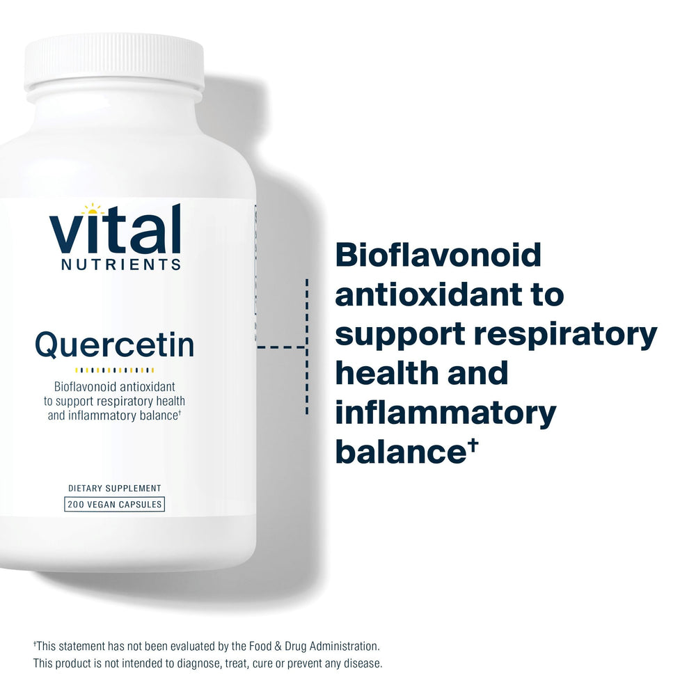 Vital Nutrients Quercetin capsules closeup emphasizing 500mg with bioflavonoids for immune support