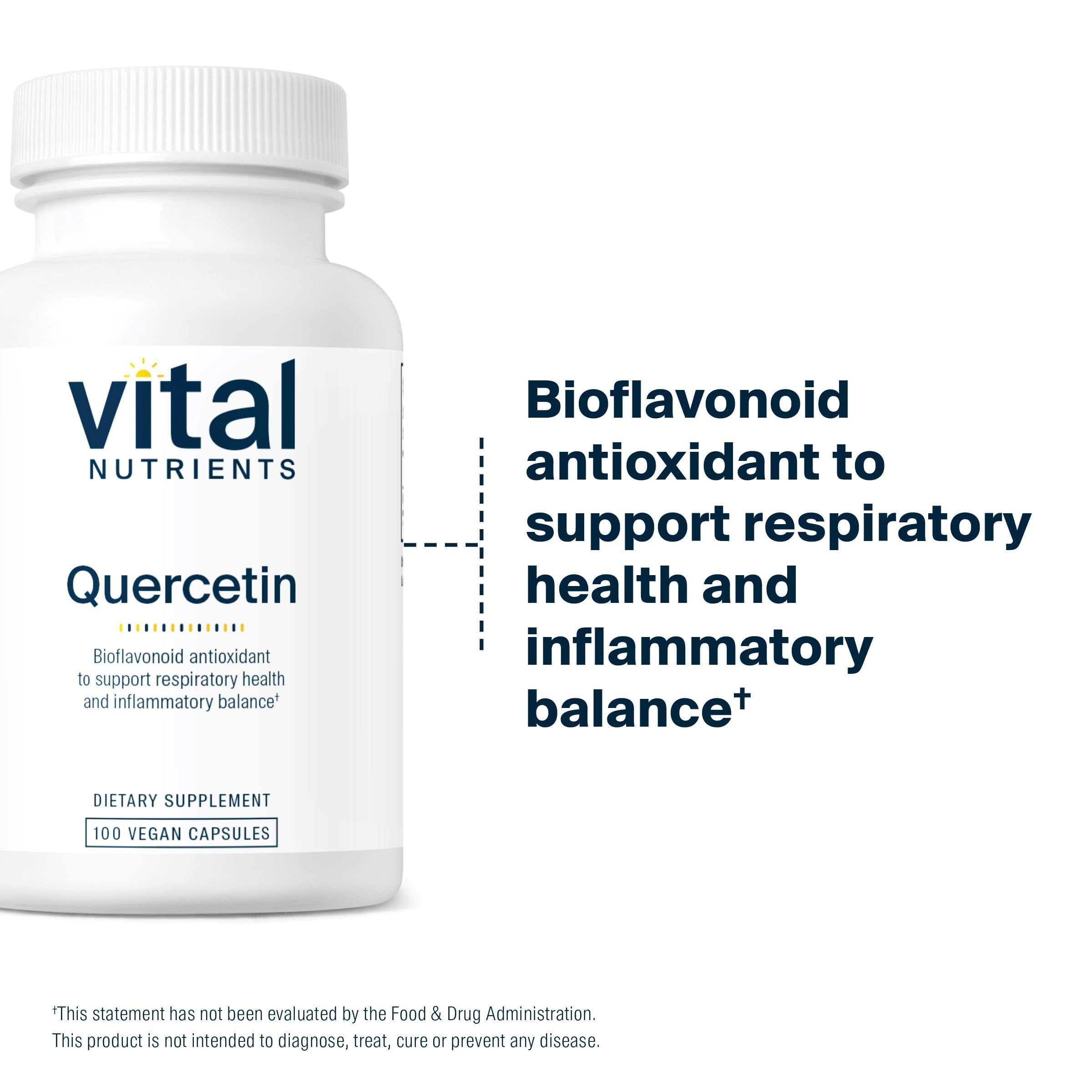 Vital Nutrients Quercetin label confirms vegan, gluten-free, non-GMO attributes