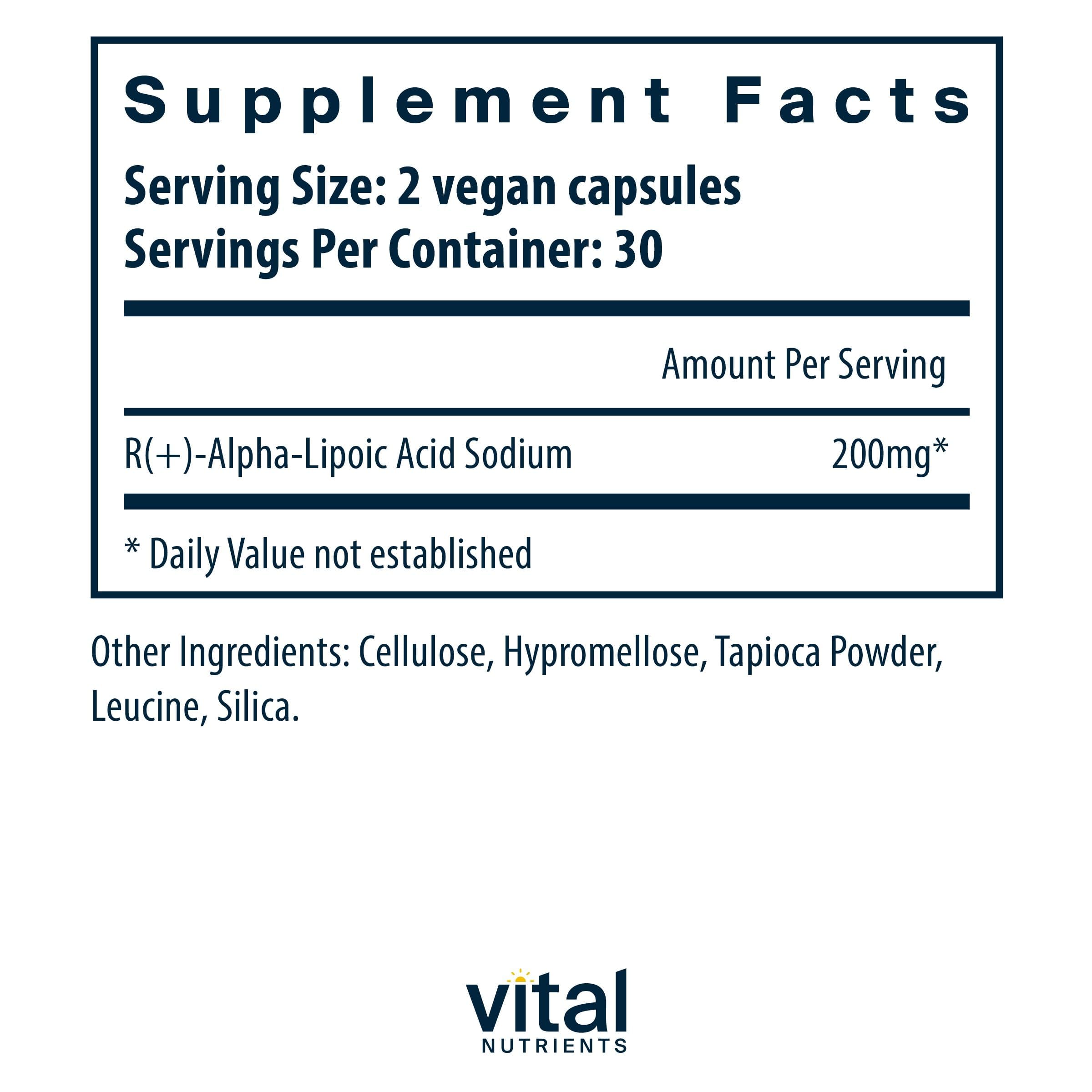 Vital Nutrients R-Lipoic Acid bottle front highlighting active ingredient