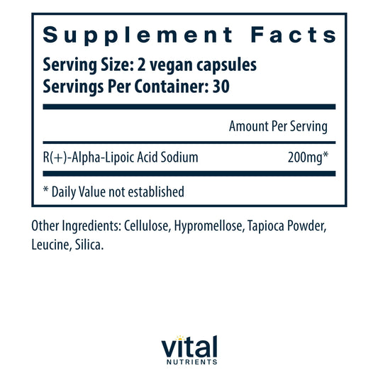 Vital Nutrients R-Lipoic Acid bottle front highlighting active ingredient