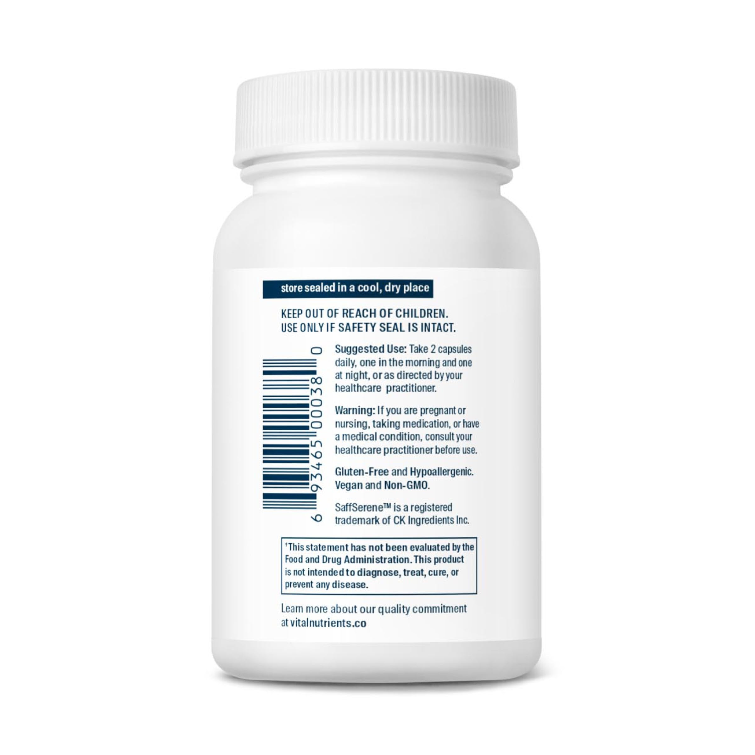 Vital Nutrients saffron extract bottle and glass shows convenient daily intake