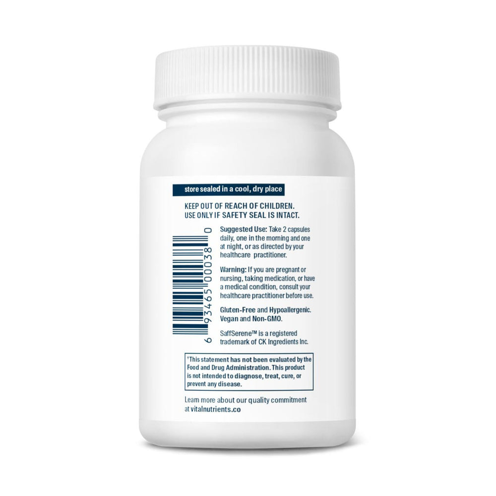 Vital Nutrients saffron extract bottle and glass shows convenient daily intake