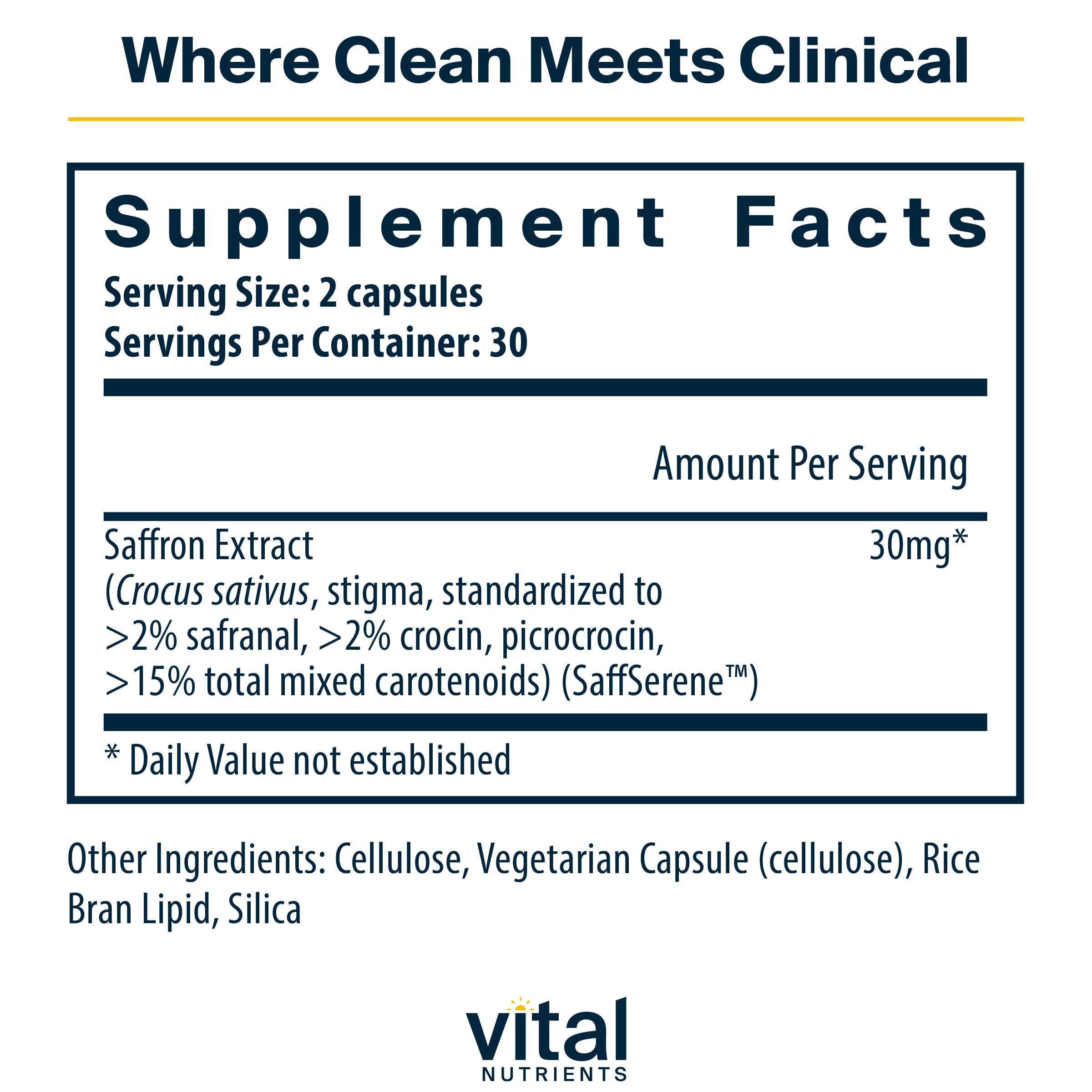 Vital Nutrients saffron extract capsules closeup demonstrates easy-to-swallow daily support