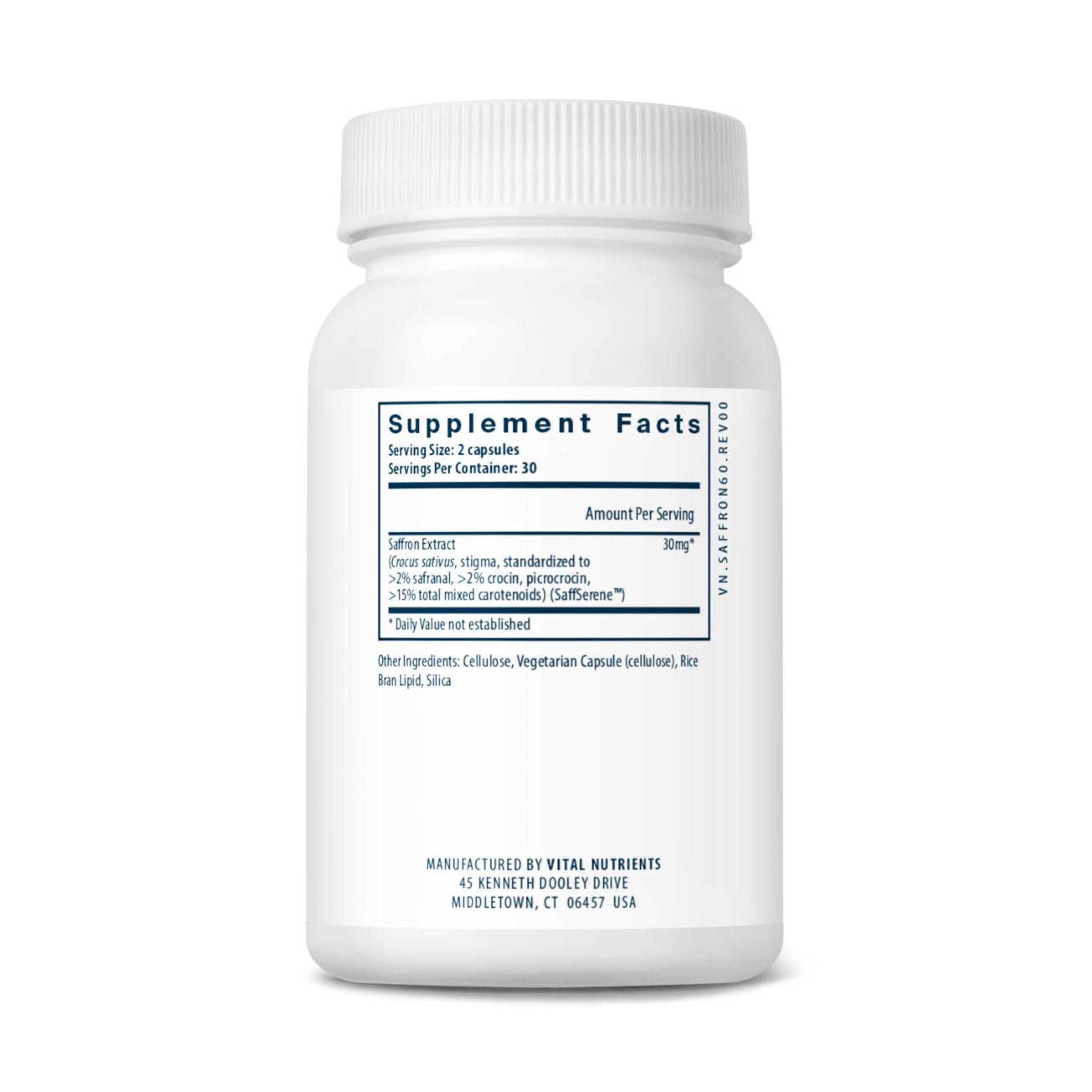Vital Nutrients saffron extract label closeup emphasizes purity and third-party testing