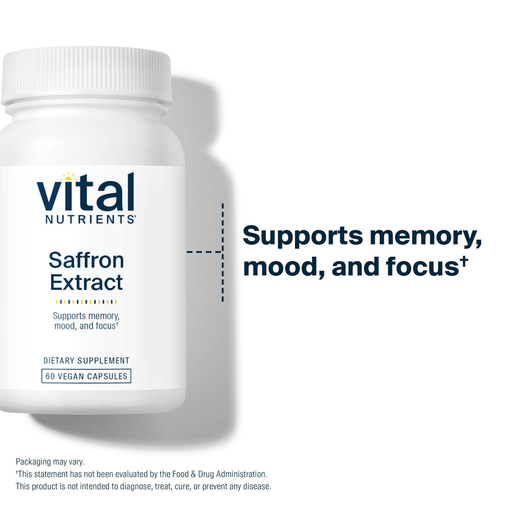 Vital Nutrients saffron extract pill-dispense illustrates portable on-the-go use