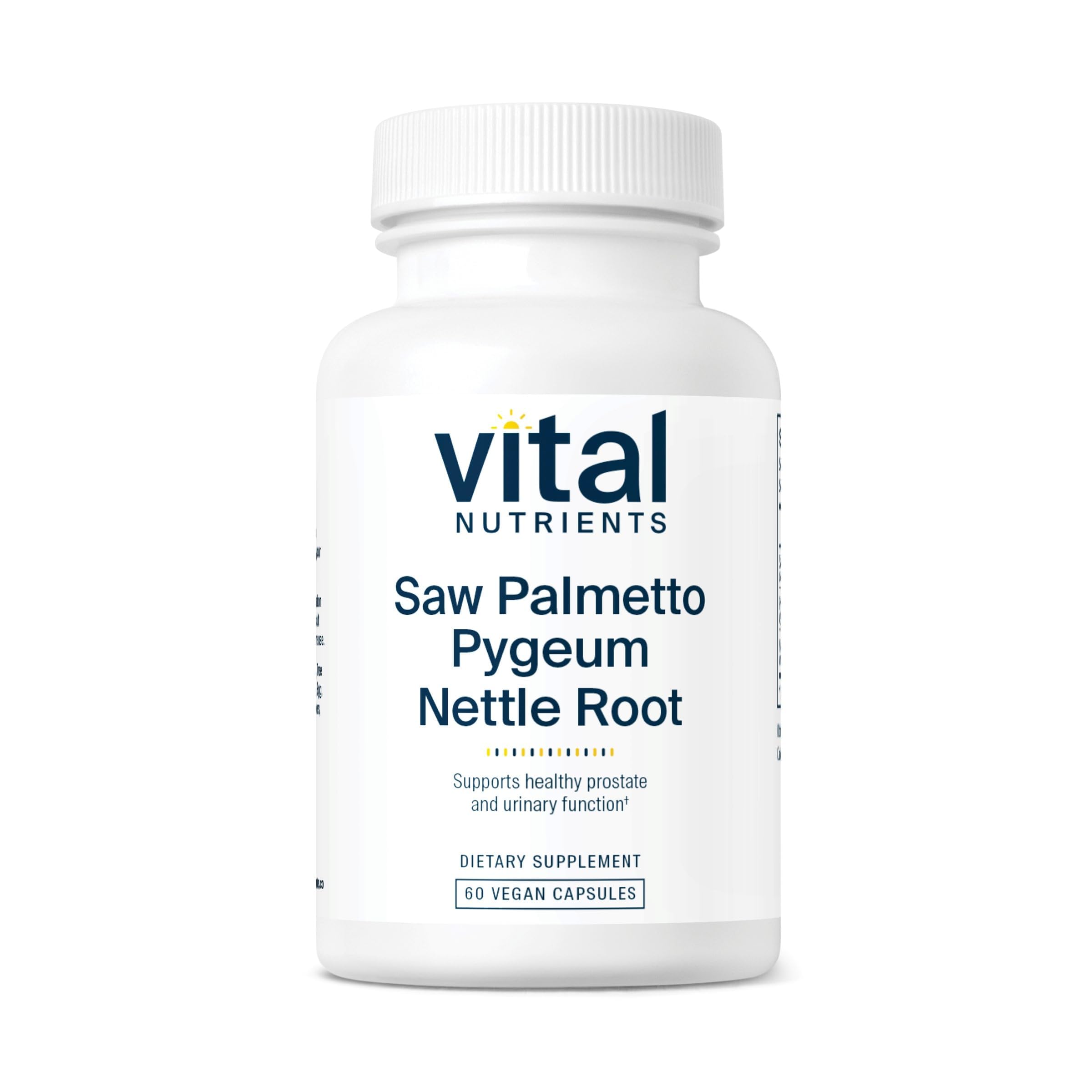 Vital Nutrients Saw Palmetto bottle highlighting vegan formula for prostate support
