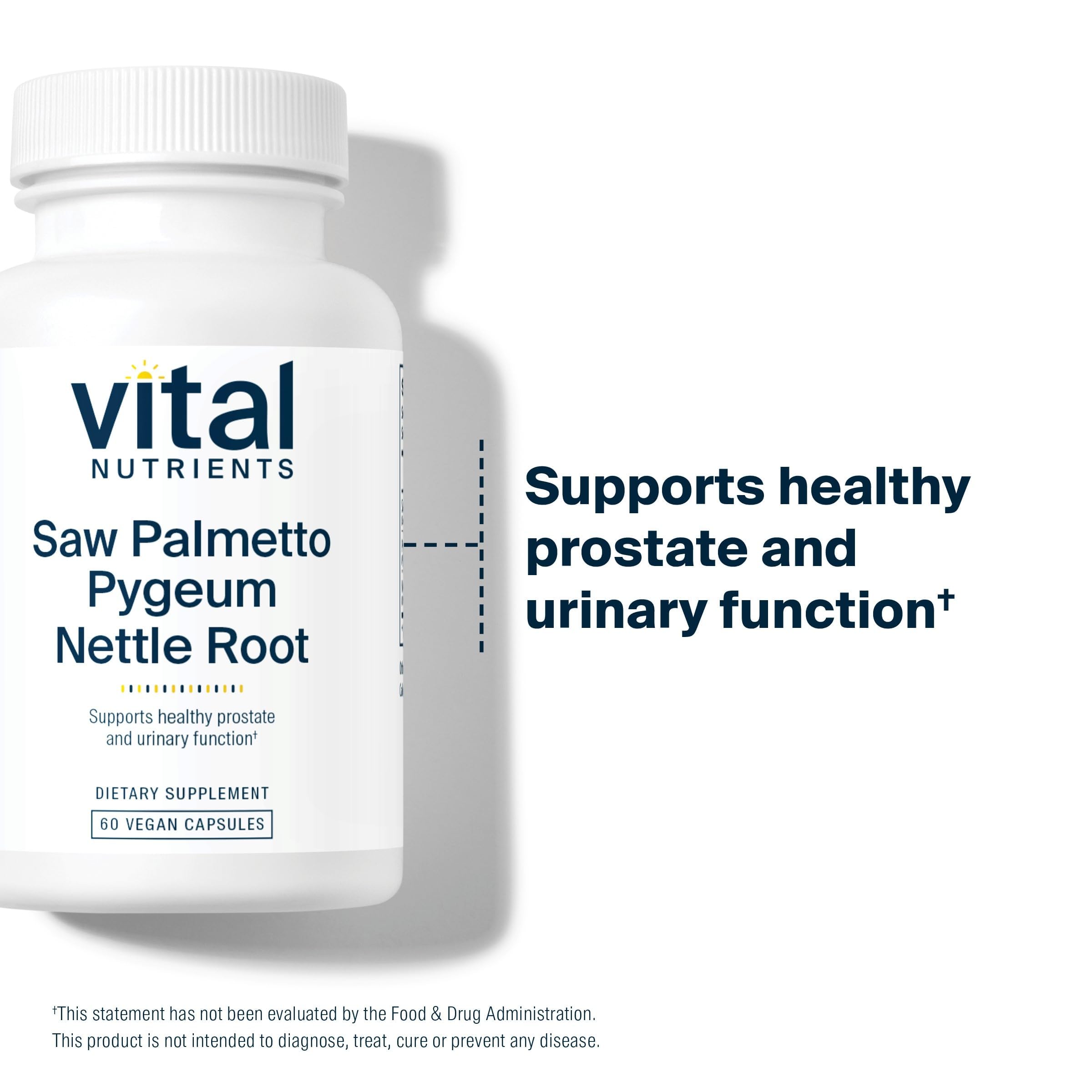 Vital Nutrients ingredient trio close-up: saw palmetto, pygeum, nettle root for balance