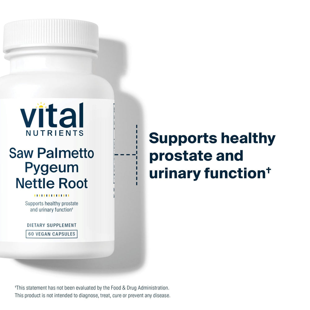 Vital Nutrients ingredient trio close-up: saw palmetto, pygeum, nettle root for balance