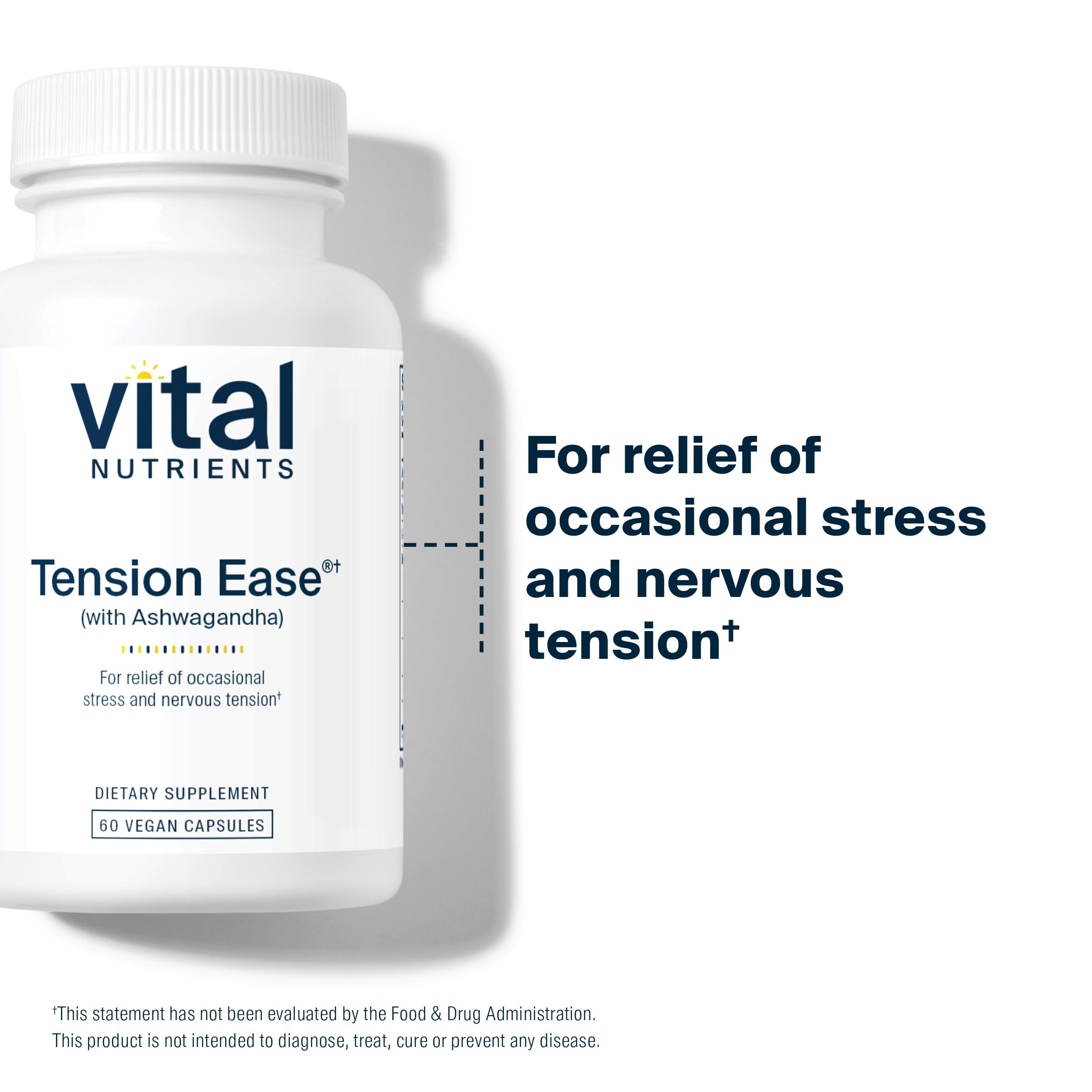 Tension Ease bottle label back highlights vegan and non-GMO qualities