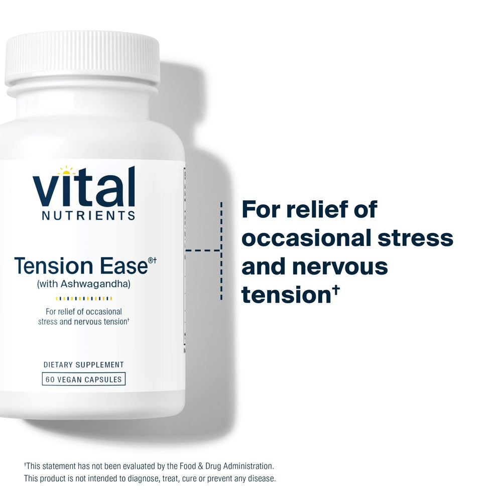 Tension Ease bottle label back highlights vegan and non-GMO qualities