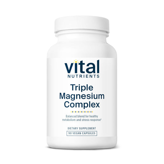 Vital Nutrients Triple Magnesium bottle front highlighting vegan magnesium blend for daily wellness