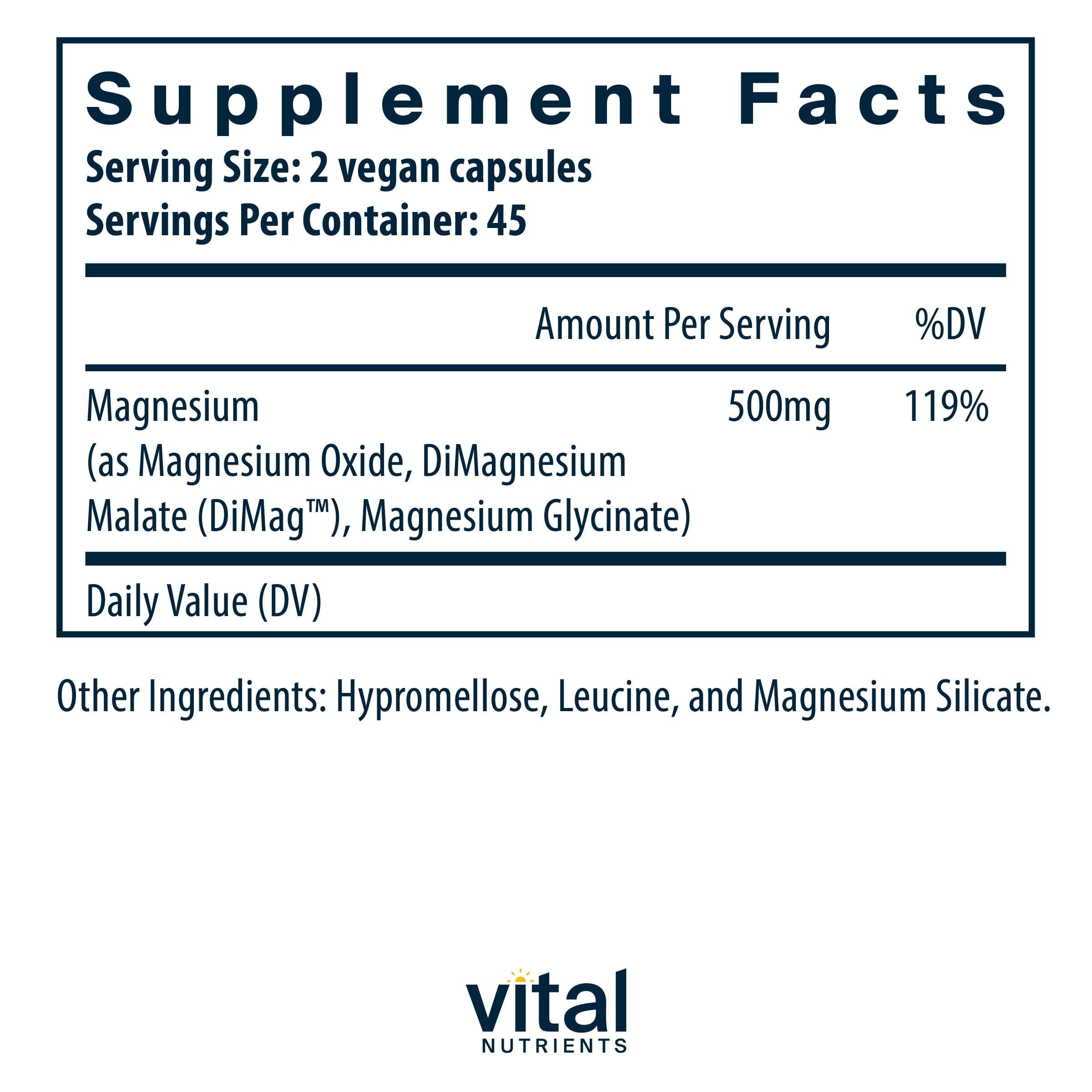 Vital Nutrients Triple Magnesium capsules close-up emphasizes three bioavailable forms for absorption