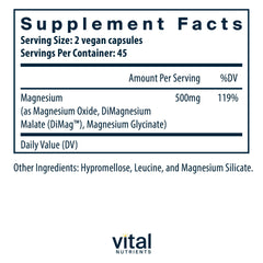 Vital Nutrients Triple Magnesium capsules close-up emphasizes three bioavailable forms for absorption