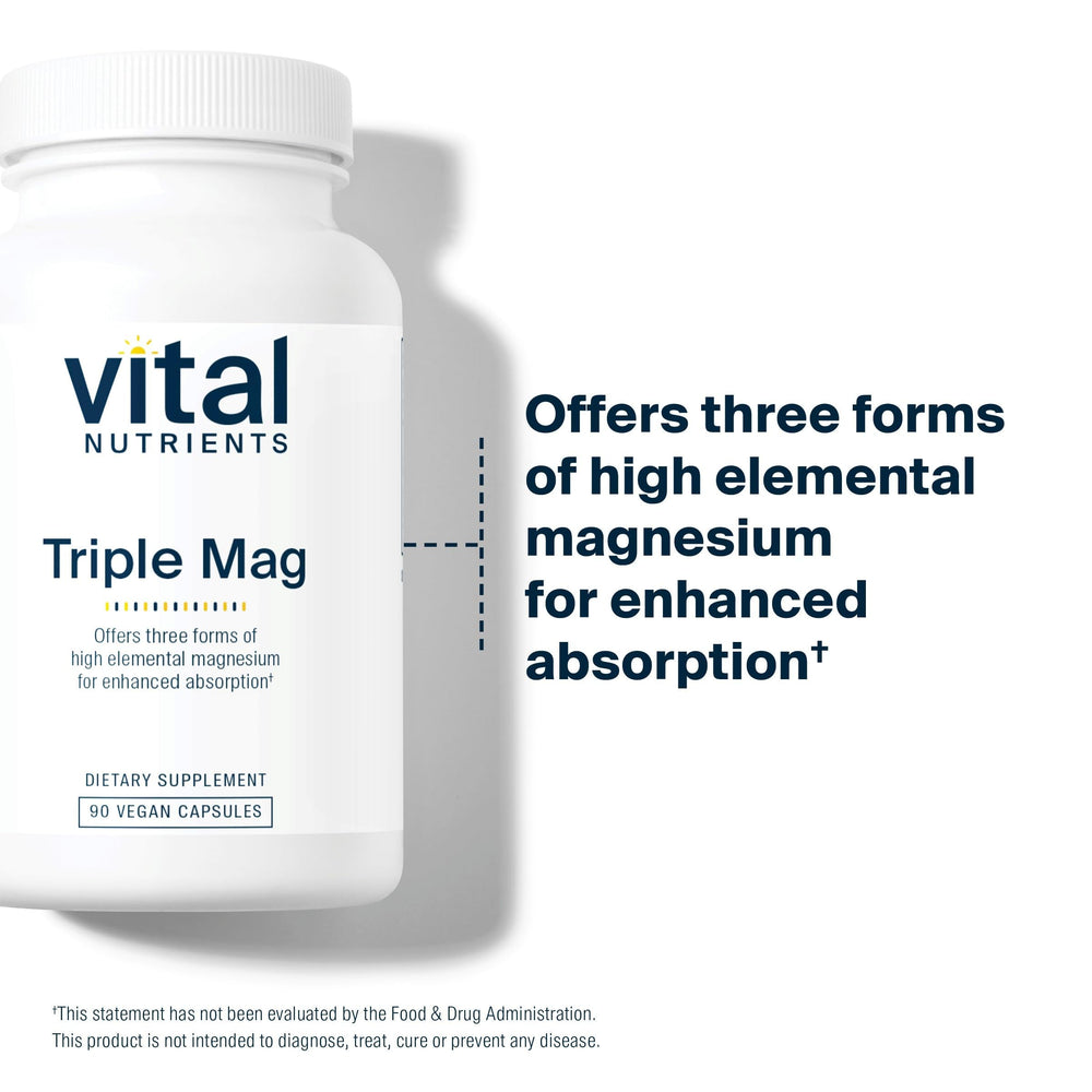 Vital Nutrients Triple Magnesium label close-up shows non-GMO vegan clean-label features