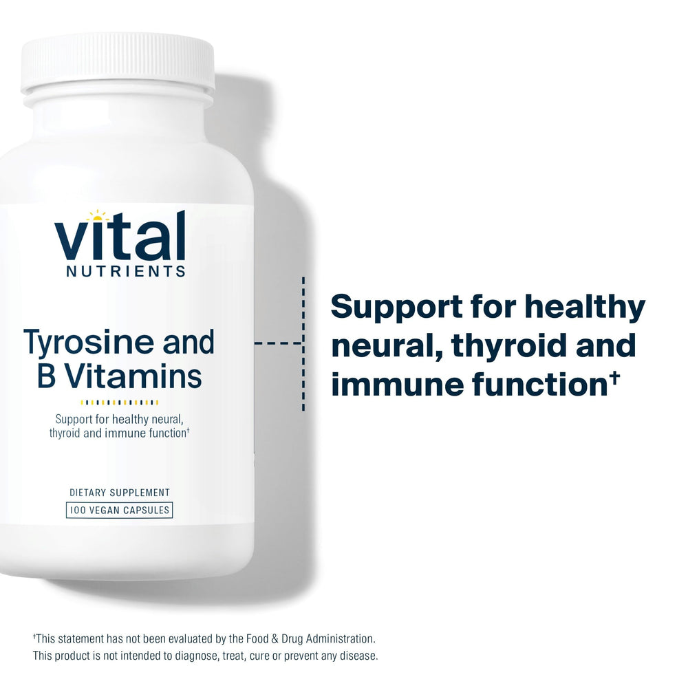 Vital Nutrients Tyrosine and B Vitamins label highlights non-GMO, gluten-free formula