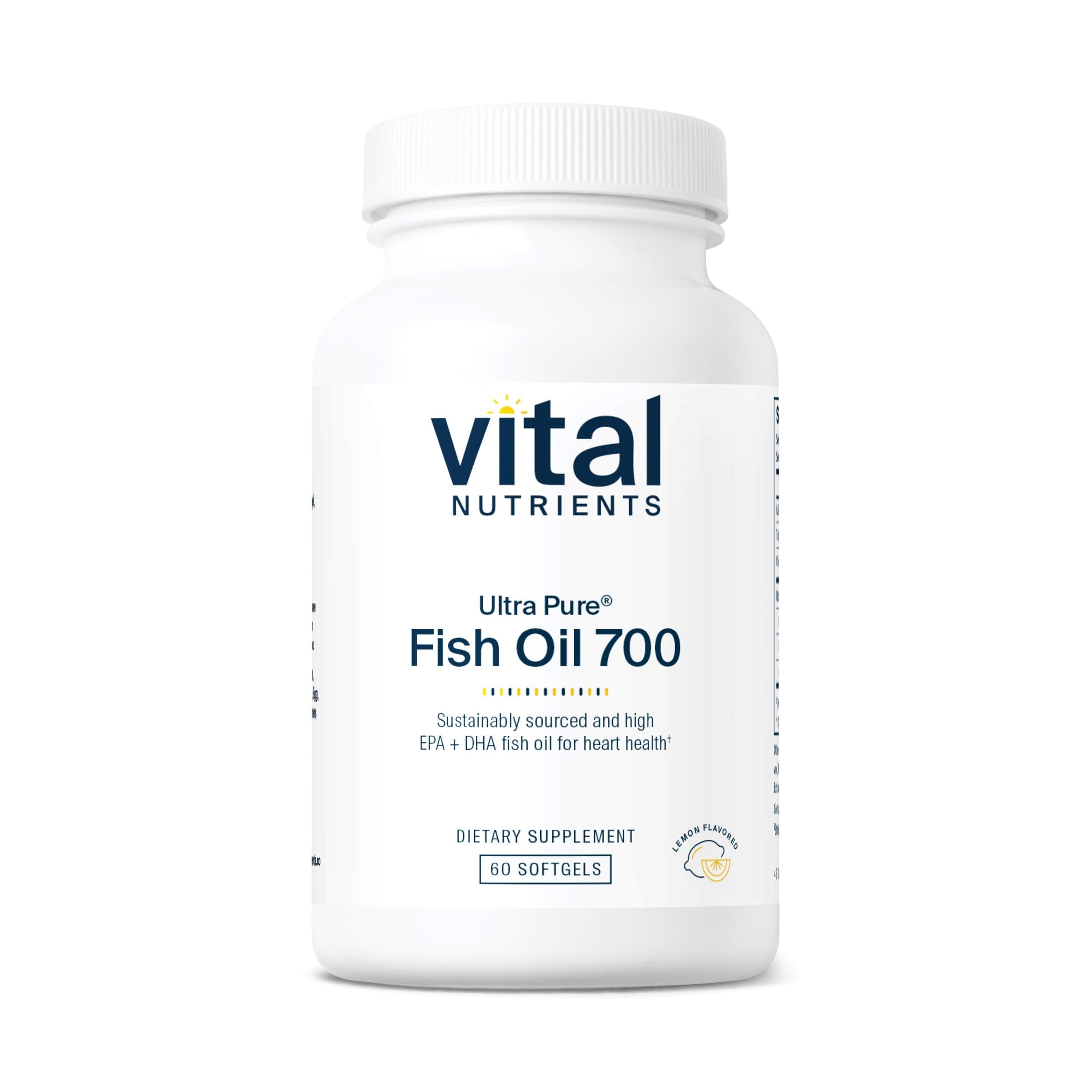 Vital Nutrients Ultra Pure Fish Oil 700 lemon bottle highlights sustainable purity and omega-3 benefits