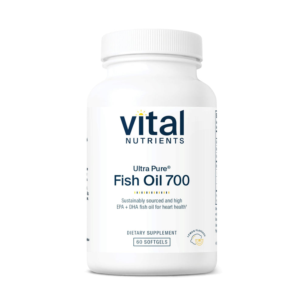 Vital Nutrients Ultra Pure Fish Oil 700 lemon bottle highlights sustainable purity and omega-3 benefits