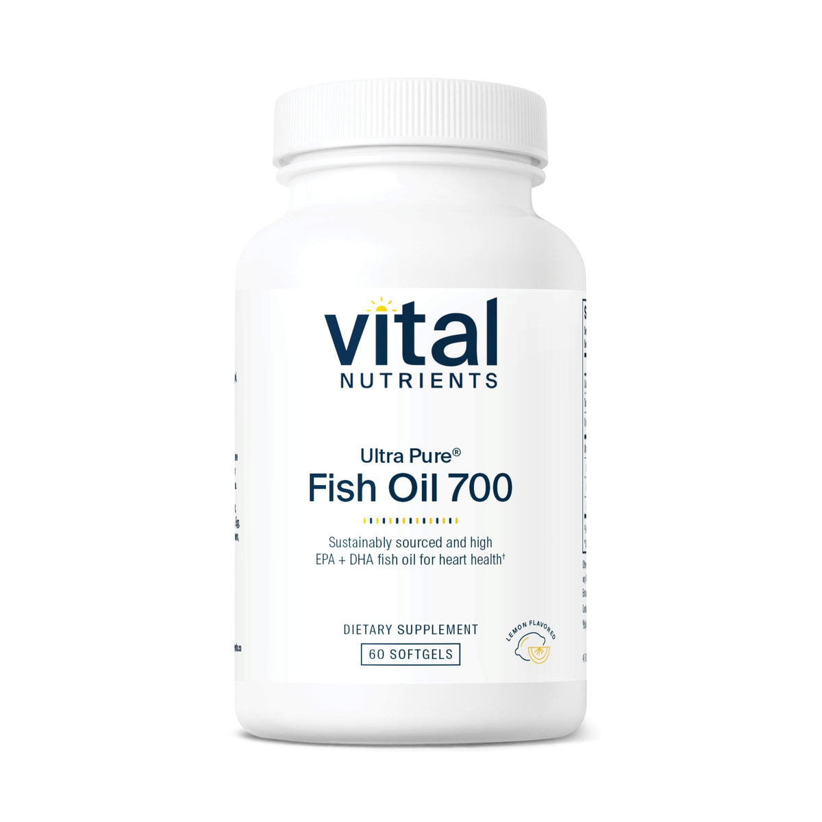 Vital Nutrients Ultra Pure Fish Oil 700 lemon bottle highlights sustainable purity and omega-3 benefits