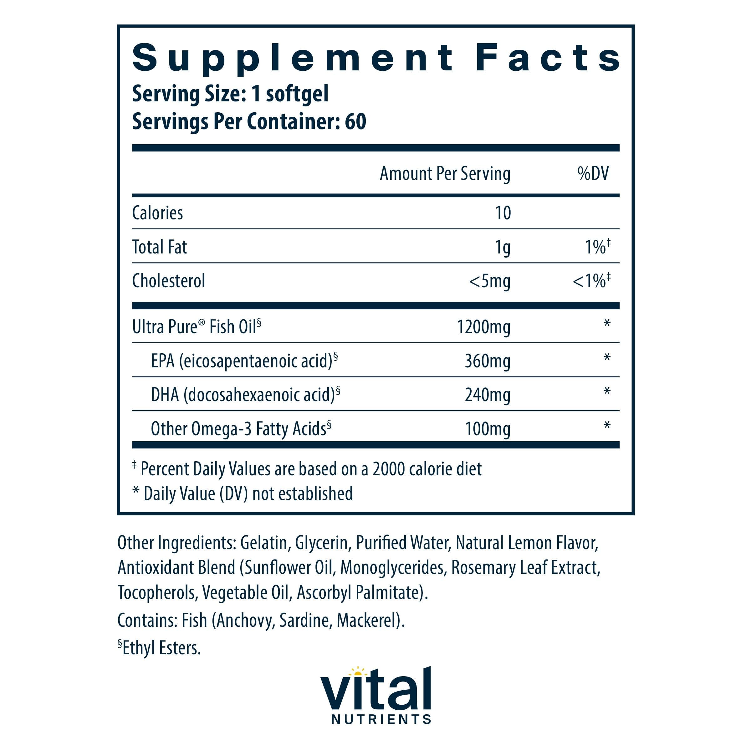 Vital Nutrients Ultra Pure Fish Oil 700 softgels close-up shows lemon flavor and capsule detail