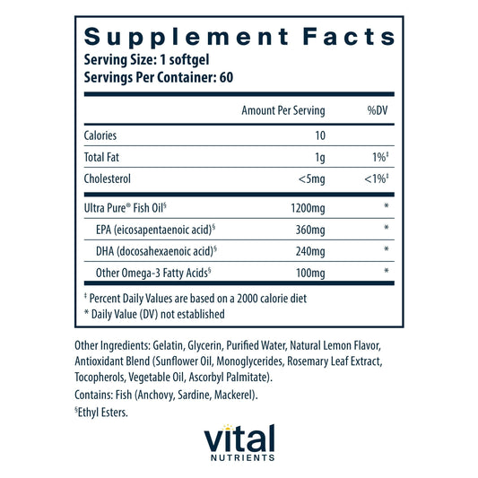 Vital Nutrients Ultra Pure Fish Oil 700 softgels close-up shows lemon flavor and capsule detail