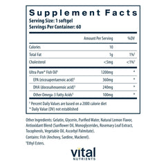Vital Nutrients Ultra Pure Fish Oil 700 softgels close-up shows lemon flavor and capsule detail