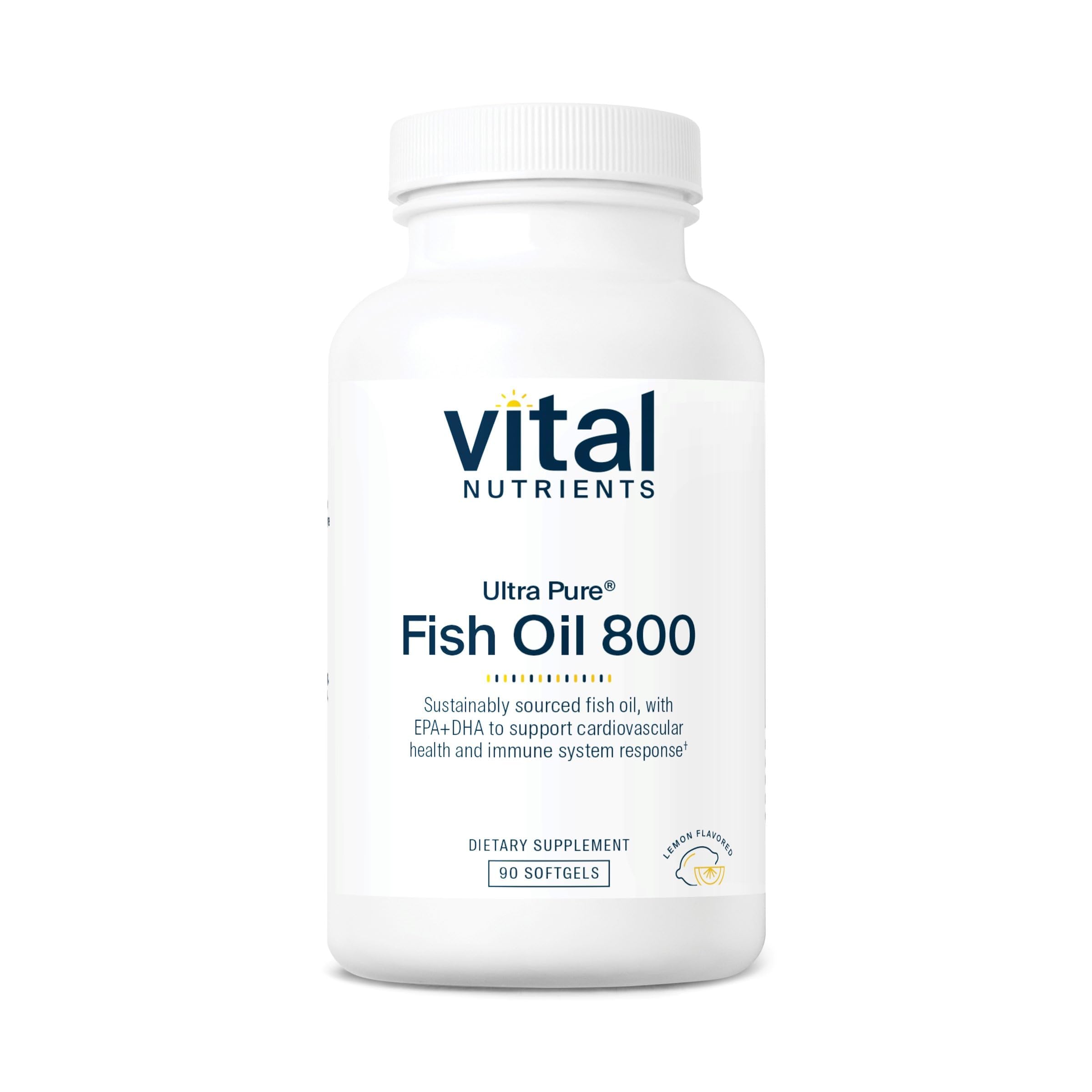 Vital Nutrients Ultra Pure Fish Oil 800 bottle with lemon label supports heart and brain wellness.