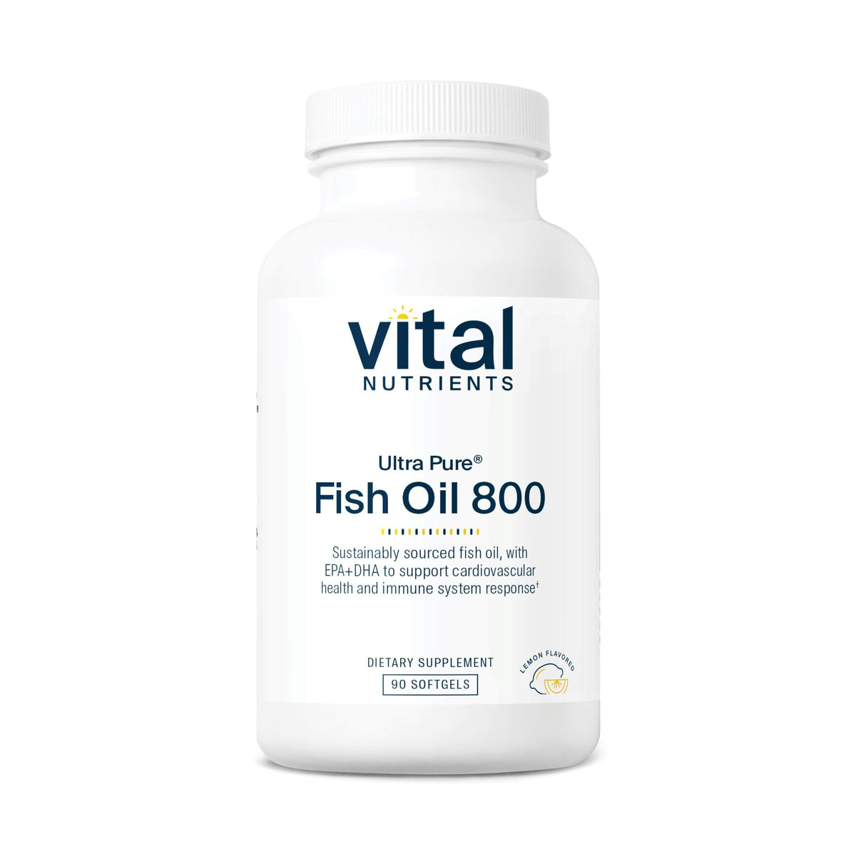 Vital Nutrients Ultra Pure Fish Oil 800 bottle with lemon label supports heart and brain wellness.