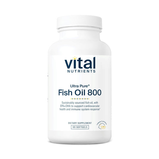 Vital Nutrients Ultra Pure Fish Oil 800 bottle with lemon label supports heart and brain wellness.