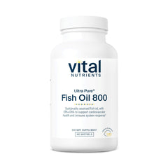 Vital Nutrients Ultra Pure Fish Oil 800 bottle with lemon label supports heart and brain wellness.