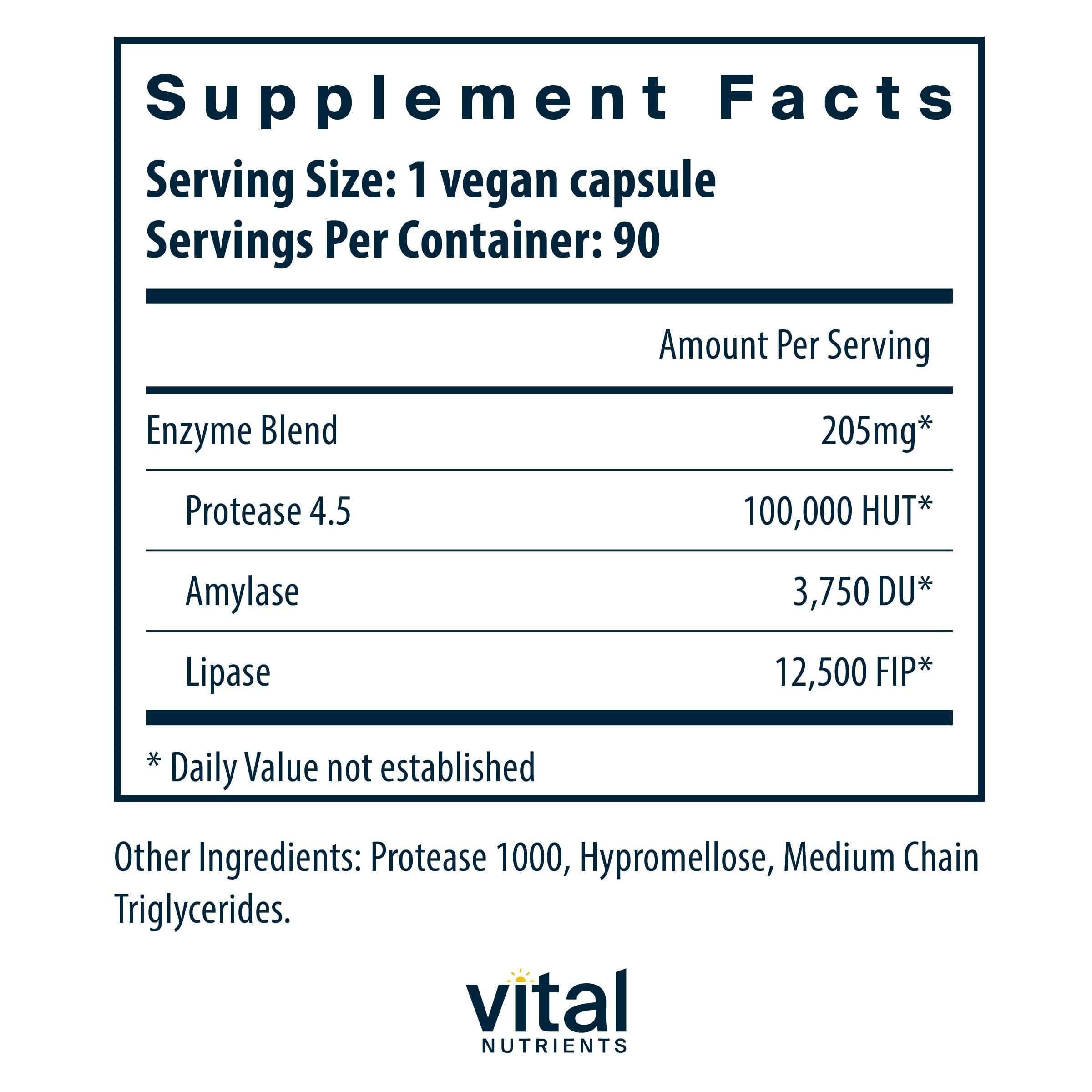 Vital Nutrients vegan pancreatic enzymes label closeup showing vegan blend and pH versatility