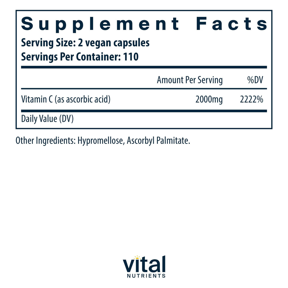 Vital Nutrients Vitamin C 1000mg label detail highlights vegan and non-GMO claims