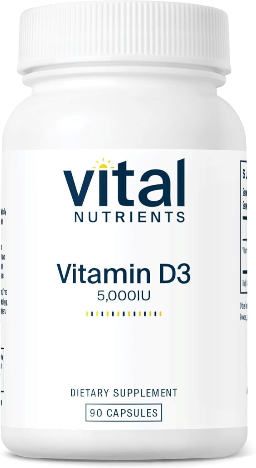 Vital Nutrients Vitamin D 5000 IU bottle showing D3 capsules for daily use