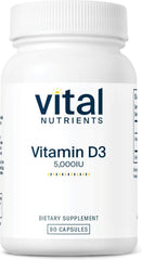 Vital Nutrients Vitamin D 5000 IU bottle showing D3 capsules for daily use
