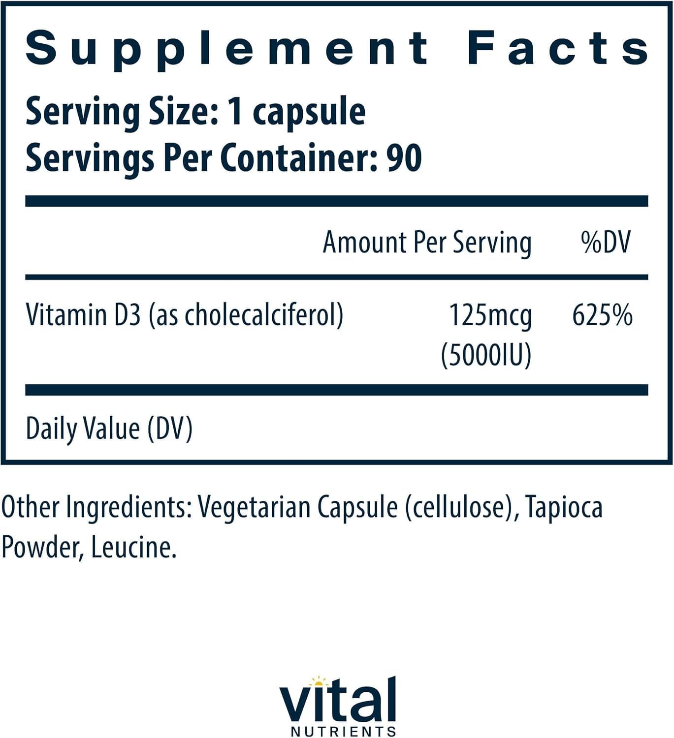 Vital Nutrients Vitamin D 5000 IU capsules close-up highlighting easy-to-swallow design for daily use