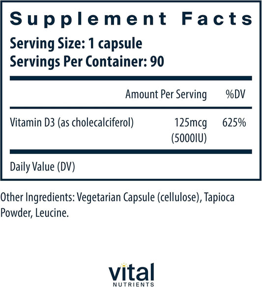 Vital Nutrients Vitamin D 5000 IU capsules close-up highlighting easy-to-swallow design for daily use