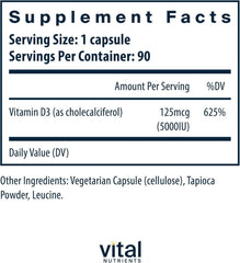Vital Nutrients Vitamin D 5000 IU capsules close-up highlighting easy-to-swallow design for daily use