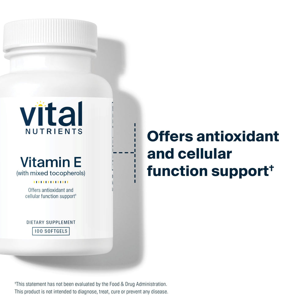 Vital Nutrients Vitamin E label and bottle highlight a clean, non-GMO formula.