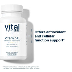 Vital Nutrients Vitamin E label and bottle highlight a clean, non-GMO formula.