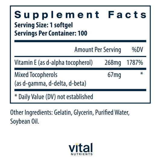 Vital Nutrients Vitamin E softgels close-up for daily cardiovascular wellness.