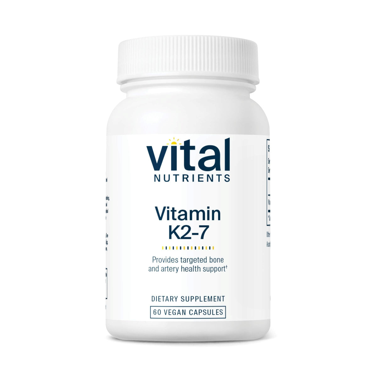 Vital Nutrients Vitamin K2-7 bottle label shows vegan, gluten-free composition for bone and vessels