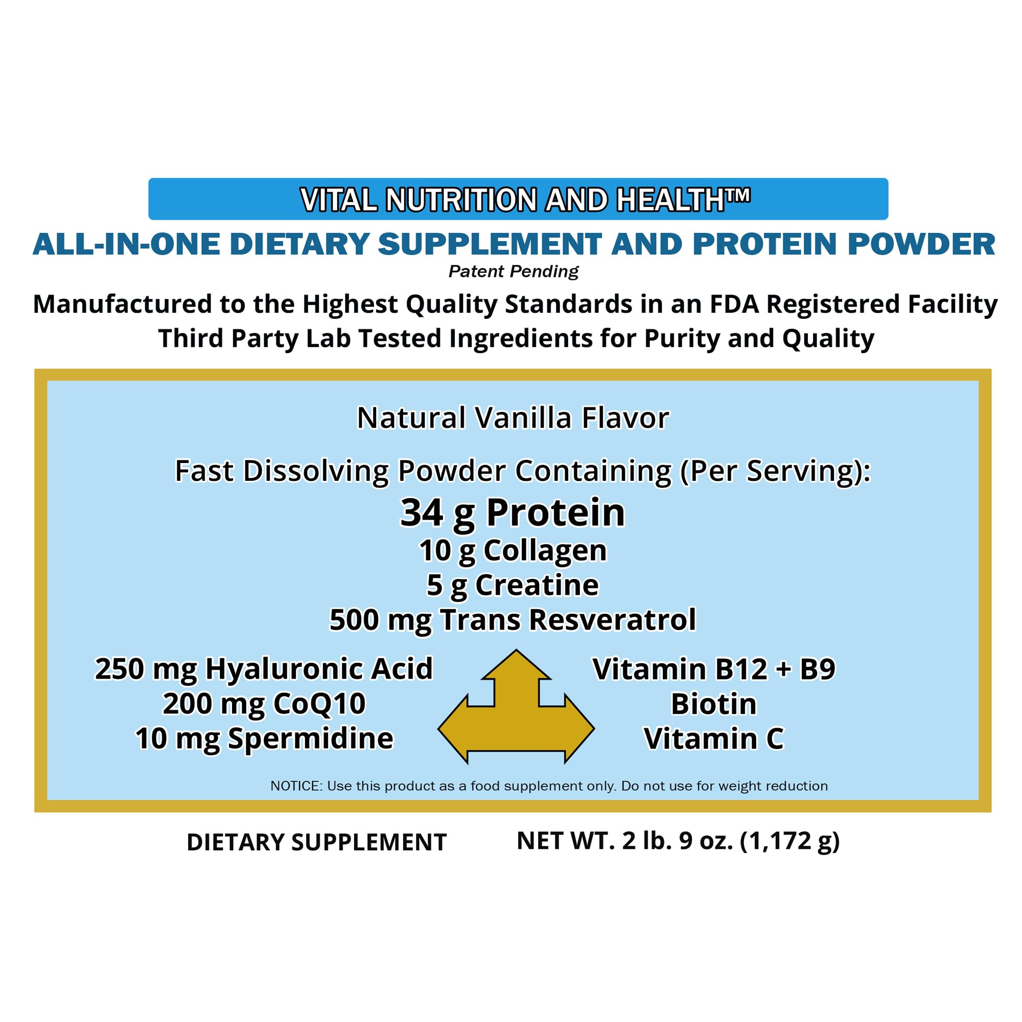 Vital Nutrition and Health all-in-one powder bottle label close-up highlighting ingredients and quality