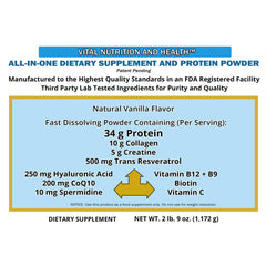 Vital Nutrition and Health all-in-one powder bottle label close-up highlighting ingredients and quality