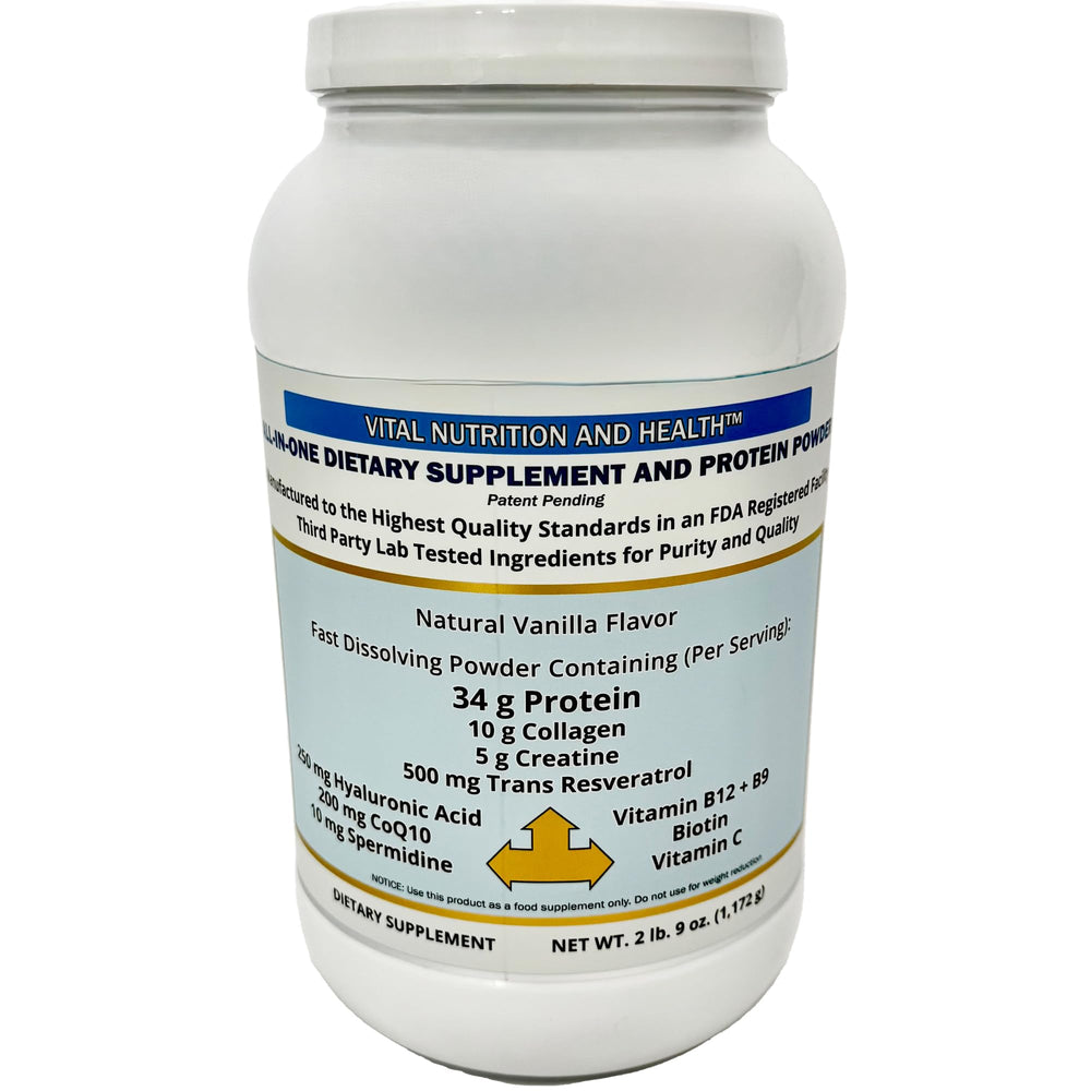 Vital Nutrition and Health all-in-one powder bottle front view for daily energy support